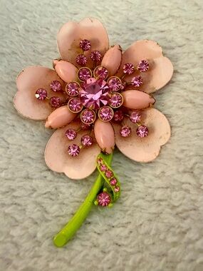 Vintage 50’s Pink Crystal Floral Brooch with Green Stem Accent
